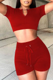 Red Fashion Casual Solid Basic V Neck Short Sleeve Two Pieces