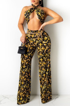 Black Fashion Sexy Print Bandage Backless Halter Sleeveless Two Pieces (Without Waist Chain)