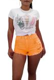 Orange Button Fly Mid Solid Patchwork Straight shorts