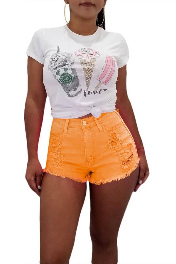 Orange Button Fly Mid Solid Patchwork Straight shorts