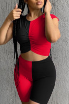 Black Red Fashion Casual Patchwork Basic O Neck Short Sleeve Two Pieces