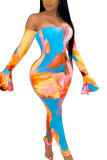Orange Fashion Sexy Print Bateau Neck Skinny Jumpsuits