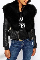 Black Fashion Street Adult Artificial Furs Solid Patchwork V Neck Outerwear