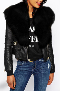 Black Fashion Street Adult Artificial Furs Solid Patchwork V Neck Outerwear