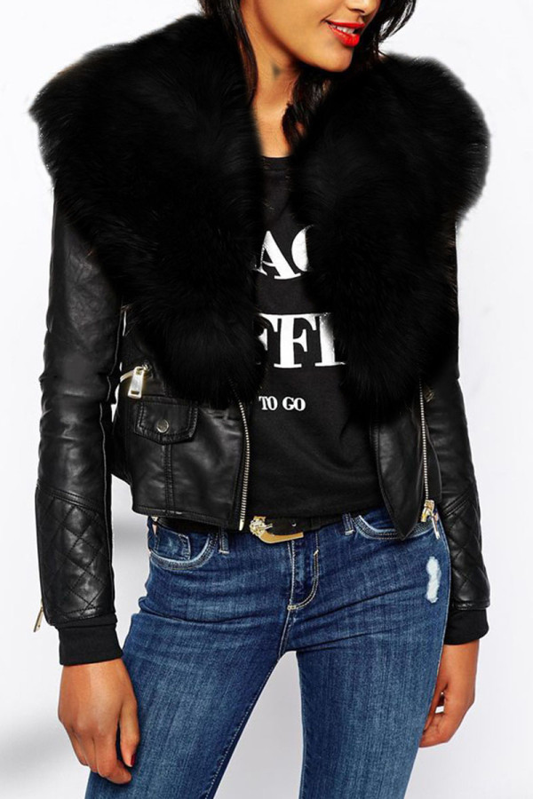 Black Fashion Street Adult Artificial Furs Solid Patchwork V Neck Outerwear