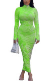 Fluorescent green OL Long Sleeves Turtleneck Hip skirt Ankle-Length Print Draped Dresses