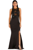 Black Sexy Tank Short Sleeves O neck Step Skirt Floor-Length Solid Club Dresses