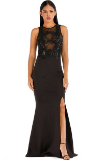 Black Sexy Tank Short Sleeves O neck Step Skirt Floor-Length Solid Club Dresses