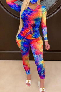Blue Fashion Sexy Adult Print Patchwork Tie-dye O Neck Long Sleeve Regular Sleeve Regular Two Pieces