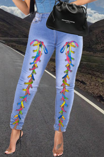 Medium Blue Fashion Casual Solid Strap Design High Waist Regular Jeans