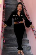 Black Fashion Light Print Solid Patchwork Long Sleeve Turndown Collar 