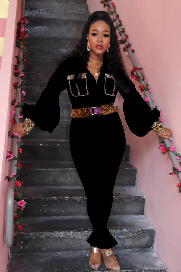 Black Fashion Light Print Solid Patchwork Long Sleeve Turndown Collar 