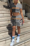 Grey Fashion Casual Print Patchwork O Neck Short Sleeve Two Pieces