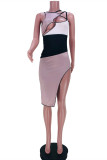 Apricot Fashion Sexy Patchwork Hollowed Out O Neck Sleeveless Dress