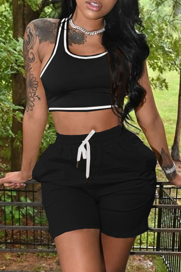 Black Casual Sportswear Solid Vests U Neck Sleeveless Two Pieces