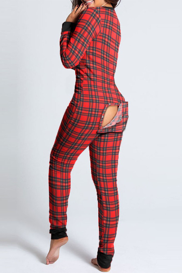 Black Red Casual Print V Neck Skinny Jumpsuits