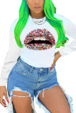 White O Neck Long Sleeve Print Lips Print Tops