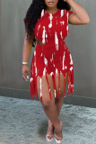 Red Fashion Casual Print Tassel O Neck Short Sleeve Two Pieces