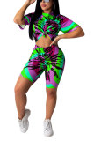 Purple and green Fashion Casual adult Patchwork Print Two Piece Suits Straight Short Sleeve Two Pieces