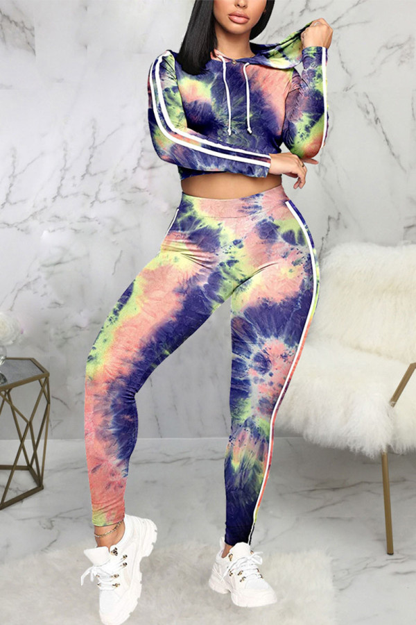 Purple Sexy Print Tie-dye Hooded Collar Long Sleeve Two Pieces
