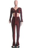 Red Elastic Fly Long Sleeve Mid Solid Boot Cut Pants Two-piece suit