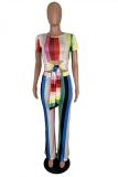 Red Casual Fashion Striped bandage Print Hollow Short Sleeve Jumpsuits