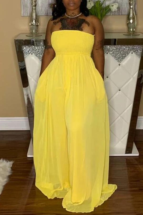 Yellow Sexy Solid Patchwork Strapless Loose Jumpsuits