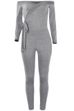 Light Gray Sexy Solid bandage Patchwork Long Sleeve V Neck Jumpsuits