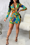 Blue Sexy Print Patchwork Turndown Collar Pencil Skirt Dresses