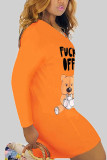 Orange Fashion Casual Adult Character Print Letter V Neck Long Sleeve Knee Length Printed Dress Dresses
