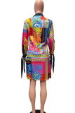 Red British Style Print Turndown Collar Long Sleeve Knee Length Dresses