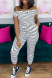 Black Casual Striped Patchwork Off the Shoulder Regular Jumpsuits
