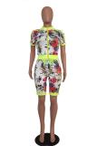 Multi-color Casual Fashion asymmetrical Print Zippered Floral Regular Two-Piece Short Set