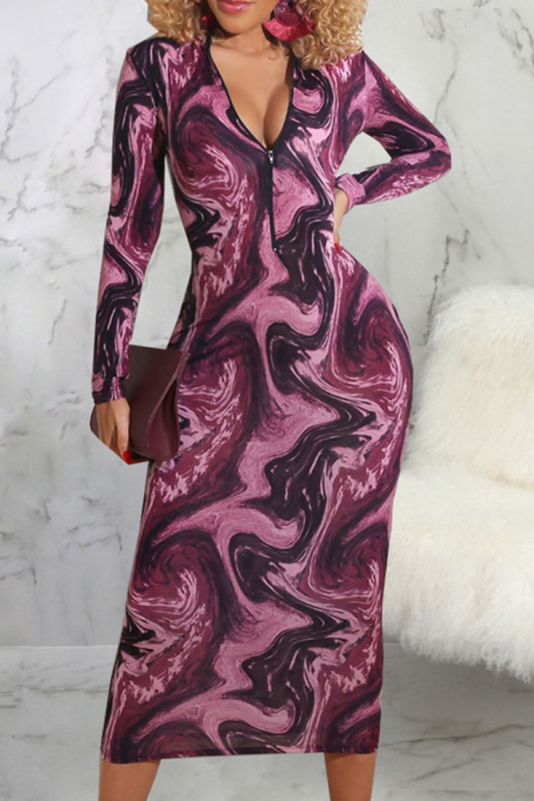 Purplish Red Sexy Print Patchwork Zipper Collar Pencil Skirt Dresses