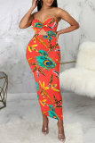 Red Sexy Print Hollowed Out Strapless Pencil Skirt Dresses