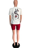 White Casual Letter Print Solid Straight Short Sleeve Two Pieces