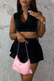 Black Casual Solid Patchwork Flounce Zipper Collar Sleeveless Two Pieces