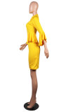 Yellow Fashion Sexy Long Sleeves O neck skirt Solid 