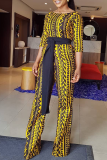 Yellow Casual Print Patchwork O Neck Straight Jumpsuits