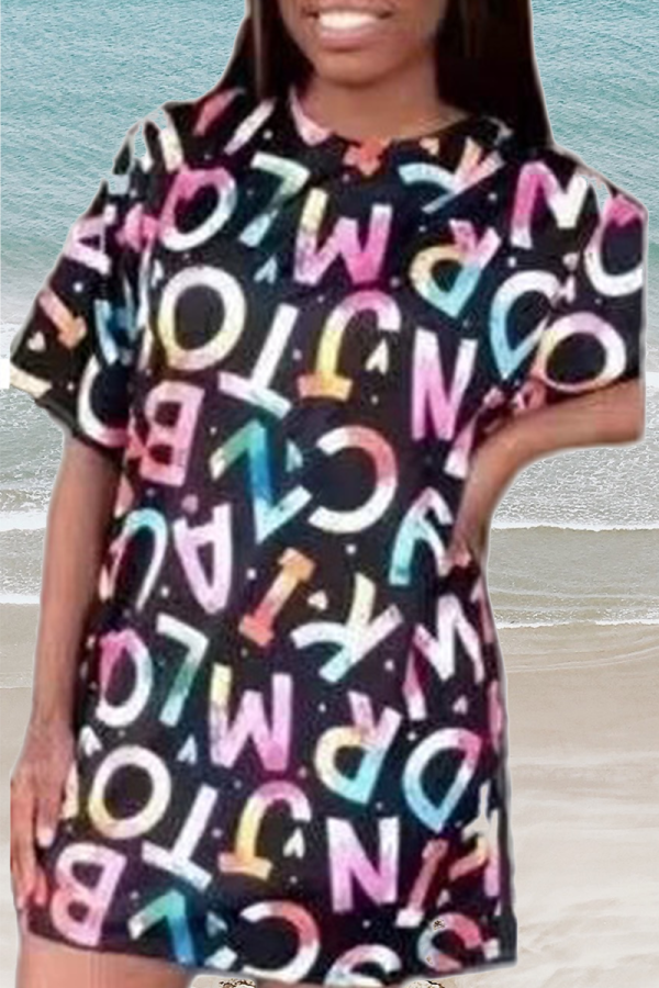 Multicolor Casual Print Patchwork O Neck Straight Dresses