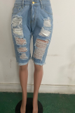 Blue Casual Solid Ripped Mid Waist Skinny Denim Shorts