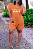 Deep Blue Fashion Casual Letter Print Basic V Neck Regular Romper