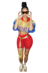 Red Long Sleeve Mid Patchwork pencil shorts Two-piece suit