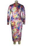 colour Sexy Print O Neck Pencil Skirt Plus Size 
