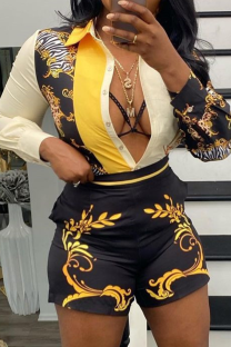 Black Yellow Casual Print Patchwork Turndown Collar Long Sleeve Two Pieces