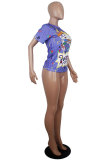 White Blue Yellow purple colour O Neck Short Sleeve Patchwork Print Character Tops
