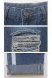 Blue Denim Zipper Fly Sleeveless Mid Hole Solid washing Patchwork Straight Pants Pants