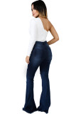 Dark Blue Denim Zipper Fly Button Fly High Pocket washing Hole Solid Zippered Boot Cut Pants 