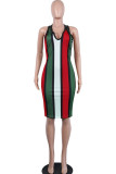 Red Fashion Sexy Red Blue Pink Yellow Wine Red Navy Blue Tank Sleeveless V Neck Hip skirt Knee-Length Striped Dresses