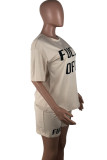 Khaki Fashion Sexy adult Ma'am Letter Patchwork Print Two Piece Suits pencil Short Sleeve Two Pieces
